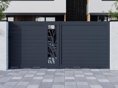 Vente-unique Schuivende, half opengewerkte aluminium tuinpoort met motieven L400 x H179 cm donkergrijs in kit LABRIT II