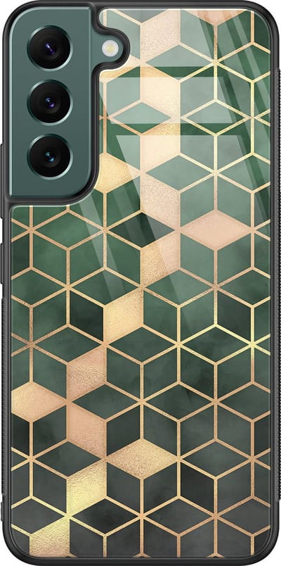 Hoesje geschikt voor Samsung Galaxy S22 - Groen kubus - Luxe Glazen Hardcase - Print / Illustratie - Groen