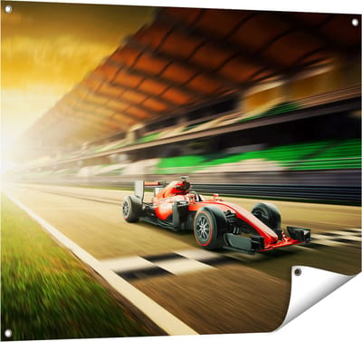 Gards Tuinposter Formule 1 Auto bij de Finish in het Rood - 100x80 cm - Tuindoek - Tuindecoratie - Wanddecoratie buiten - Tuinschilderij