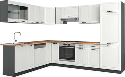 Vicco Hoekkeuken R-Line, Wit Landhuis/Antraciet, 287 x 227 cm, WB Eik