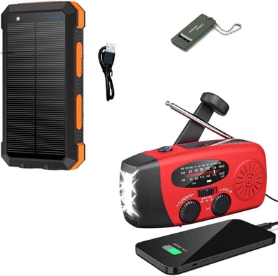 Noodradio Solar Opwindbaar en Batterij - Noodpakket - Draagbare Survival Radio - Inclusief 10.000 mAh Solar Powerbank en Noodfluit - Powerbank Zonneenergie - Bouwradio - Zaklamp - Rood