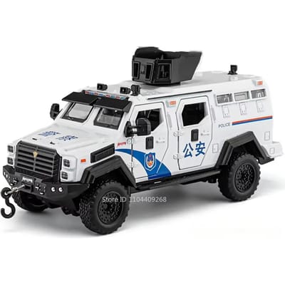 1:32 Modèle de Jouet Voiture de Police Dongfeng Mengshi Sabertooth Son Lumière Tirer en Arrière Amortissement Choc Véhicule Blindé Jouets en Métal Pour Enfants