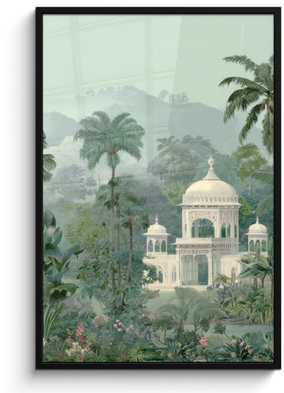 Poster in lijst - Fotolijst 80x120 cm - Posters - Tropische tuin - Koepelgebouw - Bloemen - Posterlijst zwart - Decoratie - Wanddecoratie woonkamer - Muurdecoratie slaapkamer