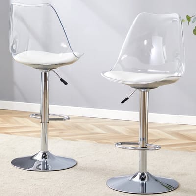 MODFU Barkruk set van 2 - Verstelbaar (60-80 cm) & 360° Draaibaar - Met transparante kunststof rugleuning en PU zitting - Modern design voor kookeiland of thuisbar - Wit/Zilver