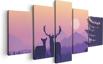 Artaza Canvas Schilderij Vijfluik Twee Herten - Zonsondergang - Silhouet - 100x50 - Foto Op Canvas - Canvas Print