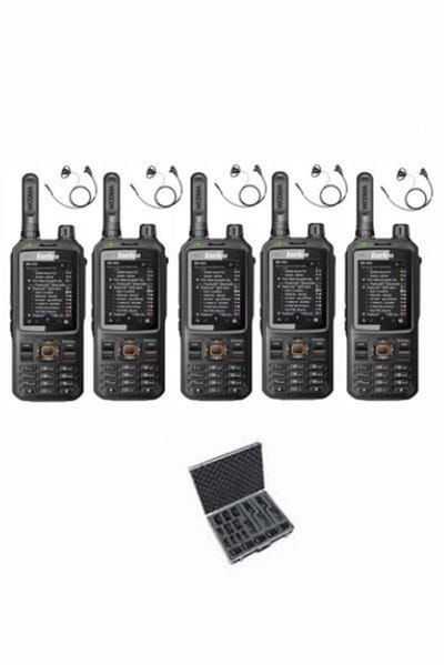 Set van 5 Inrico T320 V2 4G LTE Zello Portofoon, GPS, Wifi met D-shape oortje en koffer