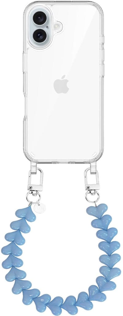 xoxo Wildhearts siliconen hoesje - Geschikt voor iPhone 17 hoesje - Funky Hearts - Telefoonhoesje - Hoesje met koord - Lichtblauw koord - kort telefoonkoord - Hartjes ketting - Transparant hoesje