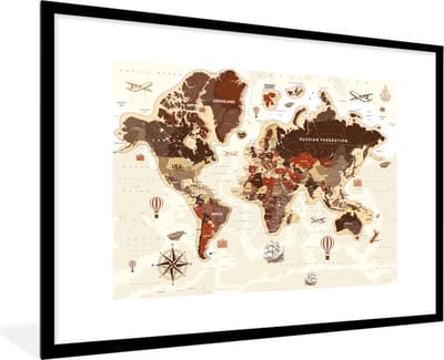 Poster in lijst - Fotolijst 120x80 cm - Posters - Wereldkaart - Vintage - Kompas - Posterlijst zwart - Decoratie - Wanddecoratie woonkamer - Muurdecoratie slaapkamer
