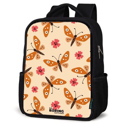 NoBoringSuitcases.com® - Rugzak zwart - Schooltas jongen & meisje - Oranje vlinders en roze bloemen op beige achtergrond - Rugtas voor school - Boekentas kind - Schoolrugzak - Kinderrugzak
