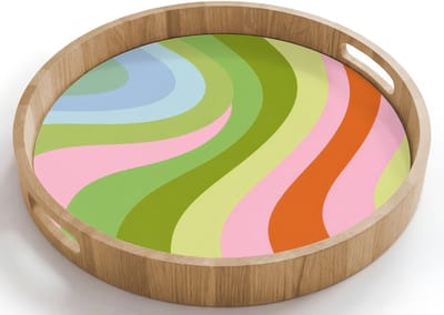 Dienblad rond 40x40 cm - Schootdienblad hout - Lijnen - Pasteltinten - Golvend - Borrelplank rechthoek - Plateau houten dienbladen