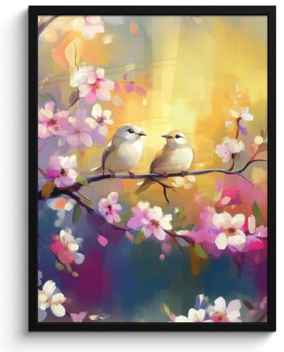 Poster in lijst - Fotolijst 50x70 cm - Posters - Vogels - Bloemen - Roze - Posterlijst zwart - Decoratie - Wanddecoratie woonkamer - Muurdecoratie slaapkamer
