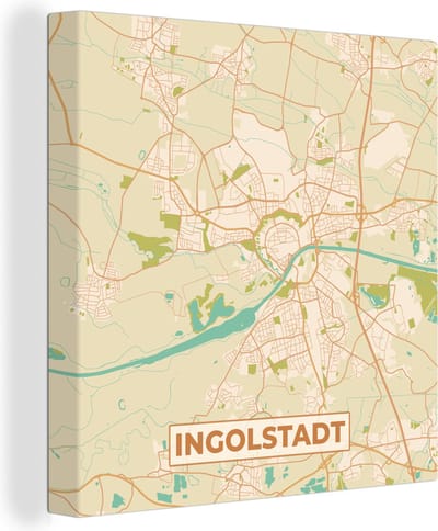 Canvas Schilderij Plattegrond - Ingolstadt - Kaart - Stadskaart - Vintage - 20x20 cm - Wanddecoratie