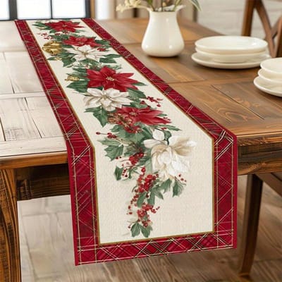 Kerst Poinsettia Hulstbes Linnen Tafelkleed Feestdecoratie Winter Kerst Keuken Eettafelkleed Kerstversieringen 150x33cm