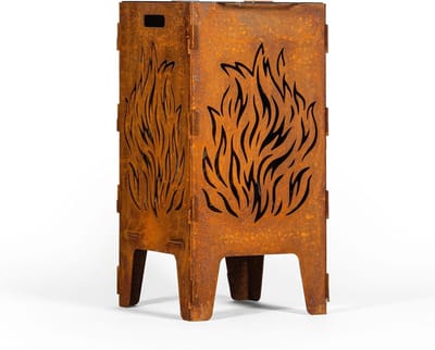Fire Barrel Made of 3 mm Steel with Flame Pattern, Including Grill Grate, Patina Decoration for the Garden
