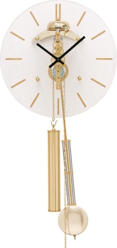 AMS 309 - Design skeletklok in een messing uitvoering wandklok mechanisch met slinger