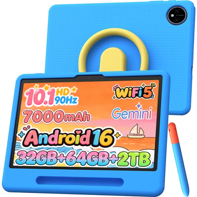Aorlym P10 kindertablet – 32 GB RAM (6+26 GB) + 64 ROM - 10,1 inth HD 90 Hz - Android 16 - 7000 mAh - WiFi 5 - Face ID - Gmini AI - Inclusief kindvriendelijk hoesje - Styluspen - Blauwlichtfilterfilm