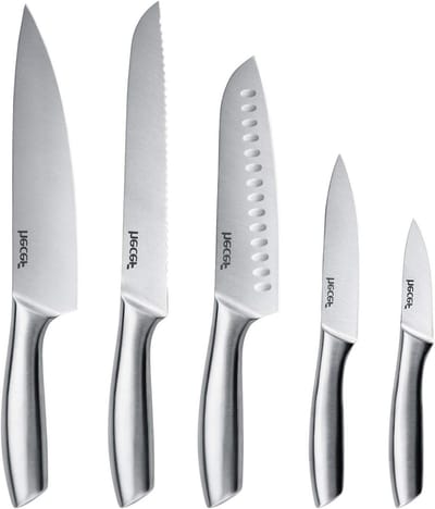 Set van 3 Professionele Koks- en Keukenmessen van Hoogglans Roestvrij Staal met Beschermhoezen en Ergonomische Handgrepen