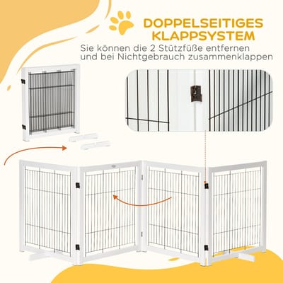 HAUSS SPOLE Hondenhek – Opvouwbaar 4 Panelen – 305 x 35,5 x 82 cm – Hout En Staalnet – Wit – Voor Deur, Hal En Trap – Vrijstaand