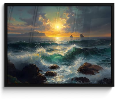 Poster in lijst - Fotolijst 70x50 cm - Posters - Zee - Zon - Golven - Rotsen - Posterlijst zwart - Decoratie - Wanddecoratie woonkamer - Muurdecoratie slaapkamer