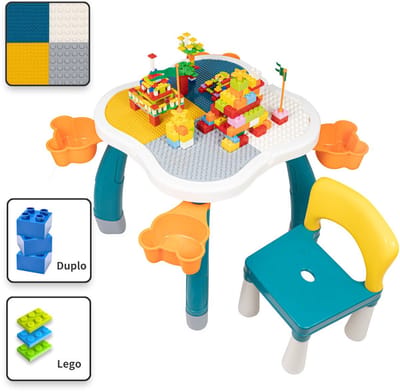 Kindertafel met 1 Stoeltje - Speeltafel met bouwplaat en vlakke kant - Geschikt voor Lego® & Duplo® Bouwstenen