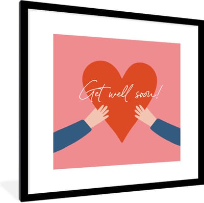 Fotolijst incl. Poster - Get well soon - Quotes - Rood - Hand - 40x40 cm - Posterlijst