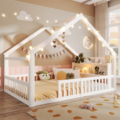 Plat bed 140 x 190 cm - kinderbed met reling - huisvormig frame - grenenhout - zonder matras - wit