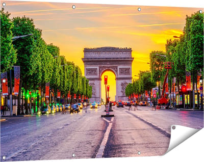 Gards Tuinposter Arc de Triomphe in Parijs vanaf de Straat - 120x80 cm - Tuindoek - Tuindecoratie - Wanddecoratie buiten - Tuinschilderij