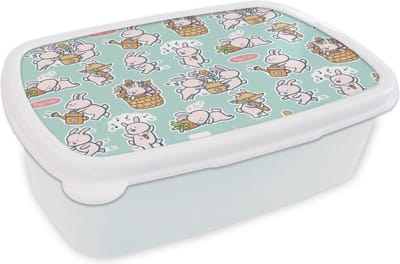 Broodtrommel Wit - Lunchbox - Brooddoos - Konijn - Tuin - Patroon - 18x12x6 cm - Volwassenen