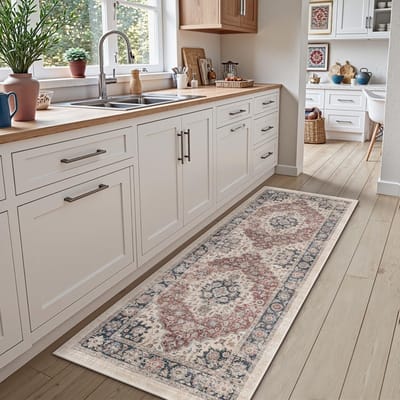 Lange Vintage Vloerloper 60 x 210 cm, Antislip en Wasbaar, Absorberende Bloemenmotief Loper voor Hal, Keuken en Entree, Beige