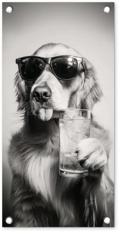 Tuinposter 30x60 cm - Tuindecoratie Golden retriever - Hond - Zonnebril - Gkas - Poster voor in de tuin - Buiten decoratie - Schutting tuinschilderij - Tuindoek muurdecoratie - Wanddecoratie balkondoek