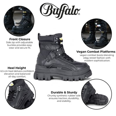 Buffalo Dames Zwarte Chunky Platform Hoge Enkel Combat Boots - ASPHA-COM1