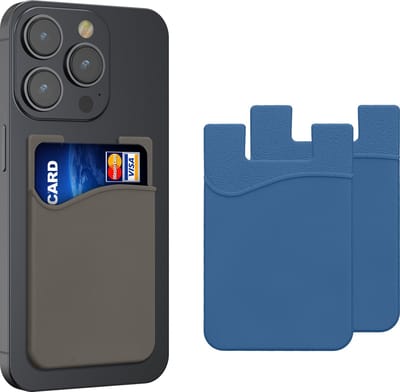 kwmobile Stick-On Card Holder for Phone (Set of 3) - Silicone Wallet Card Holders - Sticks on to Cell Phone Back or Case - Navy Blue / Navy Blue / Grey