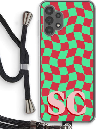 Gepersonaliseerd - Case Company® - Hoesje met koord geschikt voor Samsung Galaxy A13 4G hoesje met Koord - Grid Monogram - Telefoonhoesje met Zwart Koord - Bescherming aan alle Kanten en Over de Schermrand