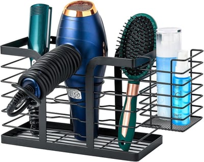 Haarföhnhouder voor Wandmontage van Metaal met Zelfklevende Pads, Organizer voor Haarstylingtools, Opbergruimte voor Borstels, Steil- en Krulijzers in Zwart