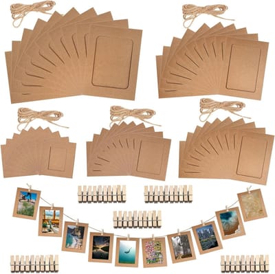 105 Stuks Bruine Papieren Fotolijsten in 5 Maten met Houten Klem en Jute Touw voor Wanddecoratie en Creatieve Projecten