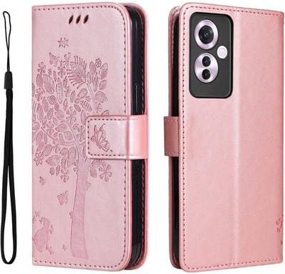 Geschikt voor Oppo Reno 11 F 5G - Portemonnee en Kaartsleuven - Magnetische Sluiting - Reliëfpatroon Boom - Book Case Hoesje - Roze