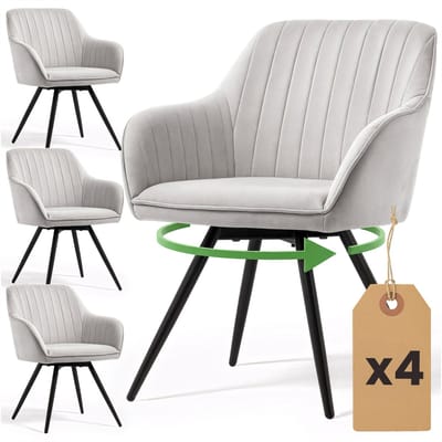 Set van 4 Draaistoelen TURNO met Armleuningen / Eetkamerstoelen / Gestoffeerde Stoelen / Fluwelen Stoelen en Metalen Poten / Grijs met zwarte benen