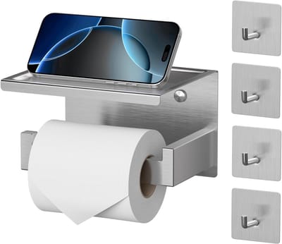 Toiletpapierhouder met Plank en 4 Adhesieve Haakjes - Muurbevestiging Zonder Boren of Met Schroeven voor Badkamerdecoratie
