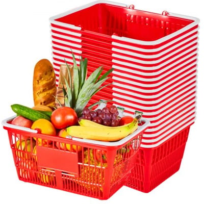 VEVOR Winkelmand, Verpakking van 20 stuks, Stapelbare Draagmand van 21 liter, Mand van PE-kunststof met Handvatten, Verkoopmand met een draagvermogen van 9,07 kg, voor Kruidenierswinkels, Detailhandel, Supermarkten