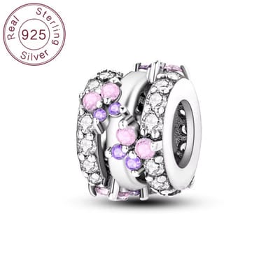 Fler® | Bedel | Past op populaire bedelarmbanden (standaard - 3mm) | Bloem Bedel | Hangbedel Charm | 925 sterling zilver | Transparante, Roze & Paarse zirkonia | Armband Kraal | Valentijnsdag Cadeau | Sinterklaas kado |Kerstcadeau |Verjaardag