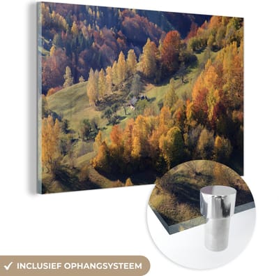 ® Glasschilderij 180x120 cm - Schilderij acrylglas - Herfst gekleurde bomen in het Nationaal park Piatra Craiului in Roemenië - Foto op glas - Muurdecoratie woonkamer - Wanddecoratie slaapkamer - Schilderijen