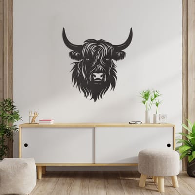 Wanddecoratie Schotse Hooglander - Muurdecoratie Highlander Cow - Wanddecoratie Koe - Muurdecoratie Hout - Muurdecoratie Woonkamer - Wanddecoratie Woonkamer - Wanddecoratie Industrieel - Wanddecoratie Dieren - Home Decor - Wall Line Art - 63 x 59 cm