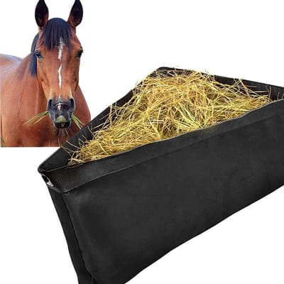 Hoekvoederbak voor paarden - Diepe hoek hooizak - Voerzak voor geitenhooi - Met gaasbodem en drukknopen - Geschikt voor paardenwagens - Zwart