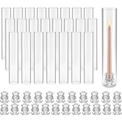 VEVOR 24-Delige Glazen Cilinderset voor Kaarsen, Stormlantaarns 65x350mm, Kaarsenpotten van Borosilicaatglas, Bodemloze Kaarsenkappen, Windbestendige Kaarsenhouderhoezen voor Bruiloften, Kerst en Feestdecoraties