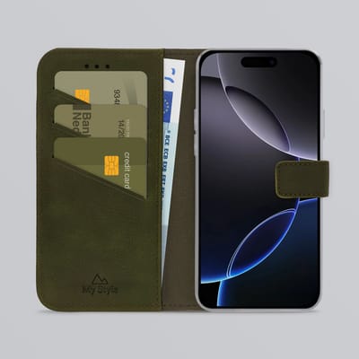 My Style Telefoonhoesje geschikt voor Apple iPhone 16 Pro Max Hoesje | My Style Flex Wallet Bookcase Portemonnee | Pasjeshouder voor 3 Pasjes | Telefoonhoesje voor Pinpas / OV Kaart / Rijbewijs - Forest Green | Groen