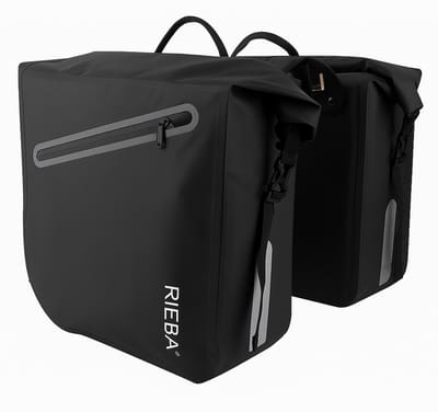 Rieba® Dubbele Fietstas 46 Liter Rolltop - Zwart - Hoogwaardig Materiaal - 100% Waterdicht - Moderne Uitstraling - Universele Bevestiging - Reflectie - Extra Voorvak - Fietstassen Stadsfiets en Elektrische Fiets