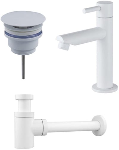 FugaFlow Eccelente Acces fonteinkraanset met staande fonteinkraan laag, always open plug en design sifon Mat Wit