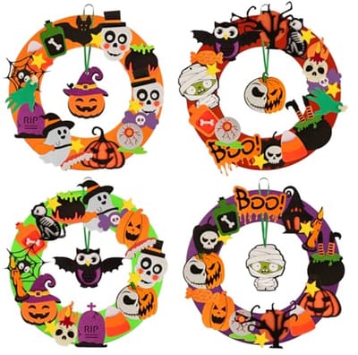 DIY Vilt Halloween Krans Craft Kits voor Kinderen - 4 Pack met Zombie, Uil en Pompoen Ornamenten
