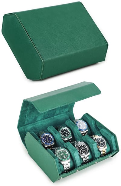 Hexagon Horlogedoos Echt Saffiano Leer Horloge Box voor 6 Horloges, Leer 6-Slot Horloges Beschermende Opbergdoos Horloge Display Organizer voor Mannen (Groen)