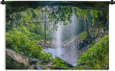 Wandkleed Jungle - Foto van regenwoud met waterval Wandkleed katoen 90x60 cm - Wandtapijt met foto